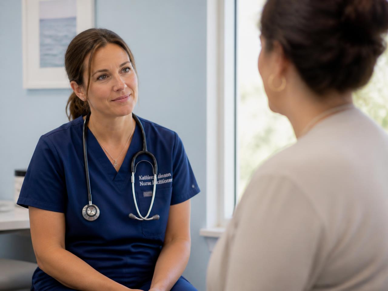 An EOS nurse practitioner listening attentively to a patient during a consultation