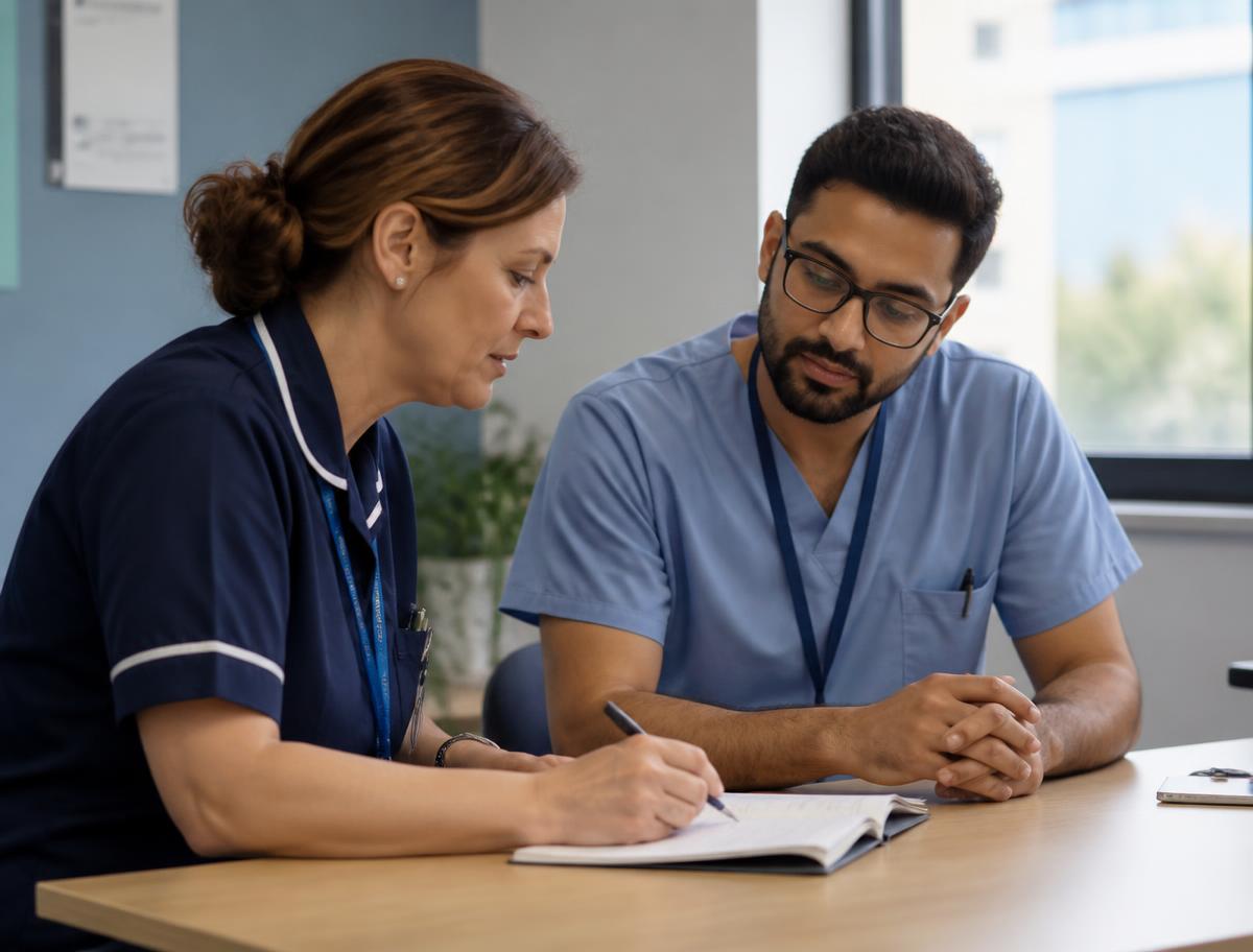 Two healthcare professionals reviewing patient notes together at a table